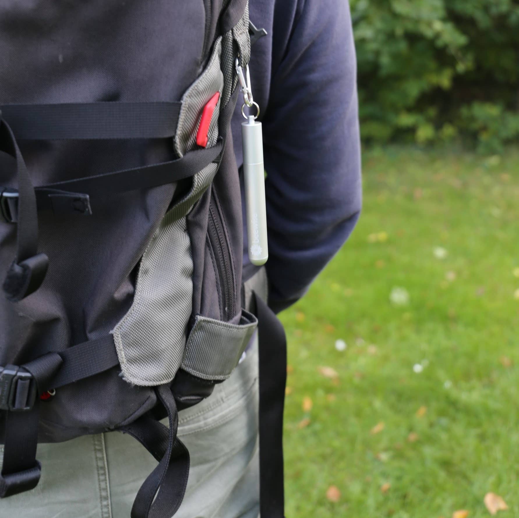 Leafera :Person wearing a black backpack with a grassy background