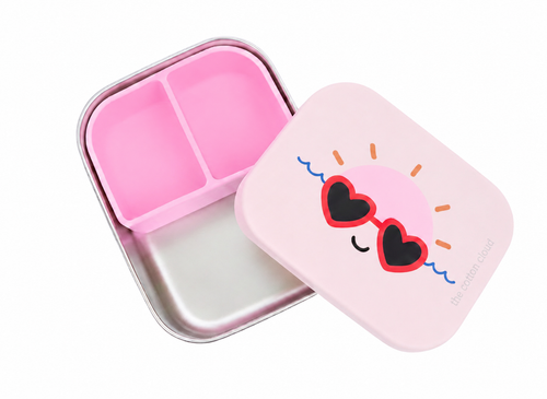 Leafera Pink lunch box with a smiley face design on a white background